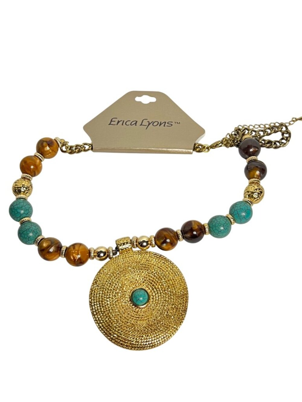 Erica Lyons Gold Tone Faux Turquois and Brown Bead Statement Necklace (6312) - Picture 6 of 8